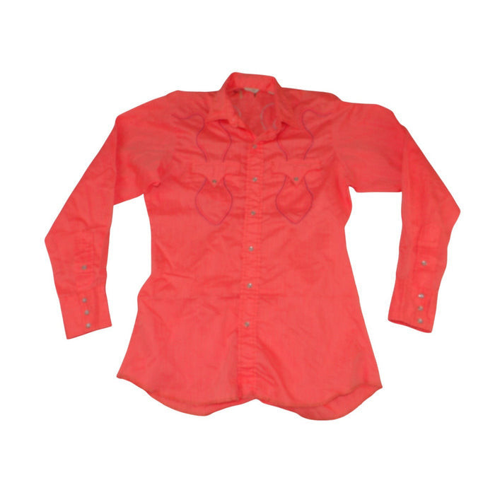 Vintage Long Tail Western Pearl Snap Shirt Neon Orange Purple Embroidery Mens M0