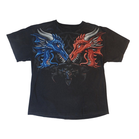 Vintage Men's Black Dragon Graphic T Shirt Fire Ice Mythical Fantasy Shirt0