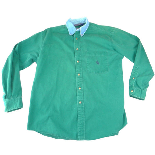 Vintage Nautica 90s Mens Green Cotton Twill Denim Collar Button Down Shirt L0