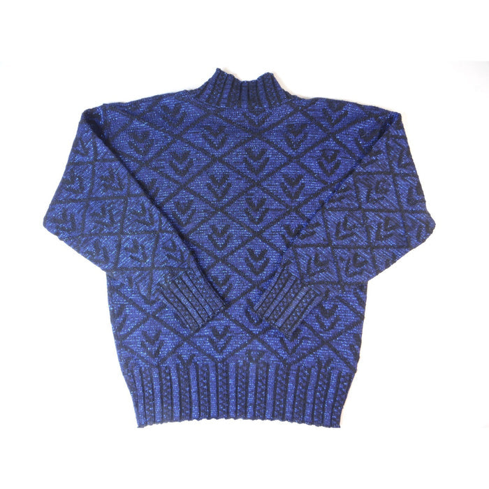 Vintage PRIVATE EYES Sparkle Blue Black Geometric Mock Neck Knit Sweater Women's0
