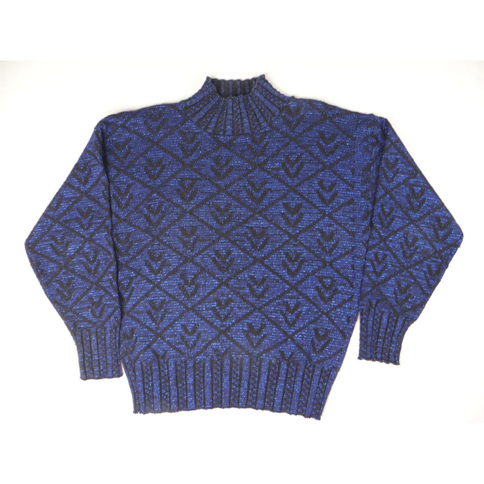 Vintage PRIVATE EYES Sparkle Blue Black Geometric Mock Neck Knit Sweater Women's1