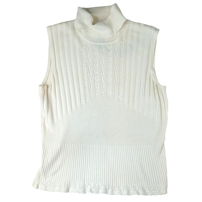 Vintage RQT Cream Ribbed Sleeveless Turtleneck Sweater Top Size L Beaded Accents0