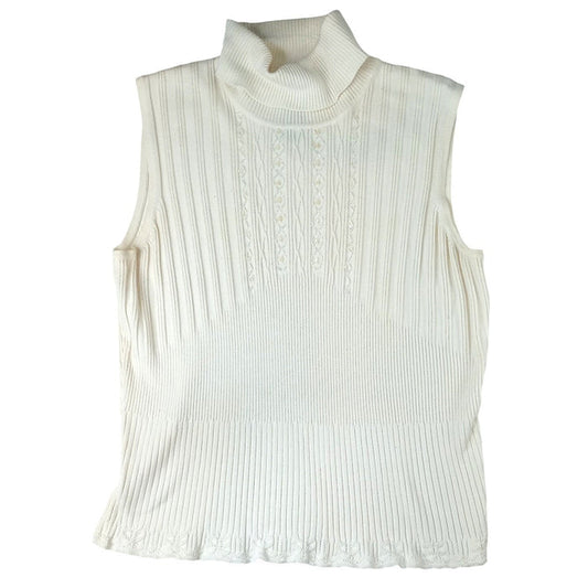 Vintage RQT Cream Ribbed Sleeveless Turtleneck Sweater Top Size L Beaded Accents0