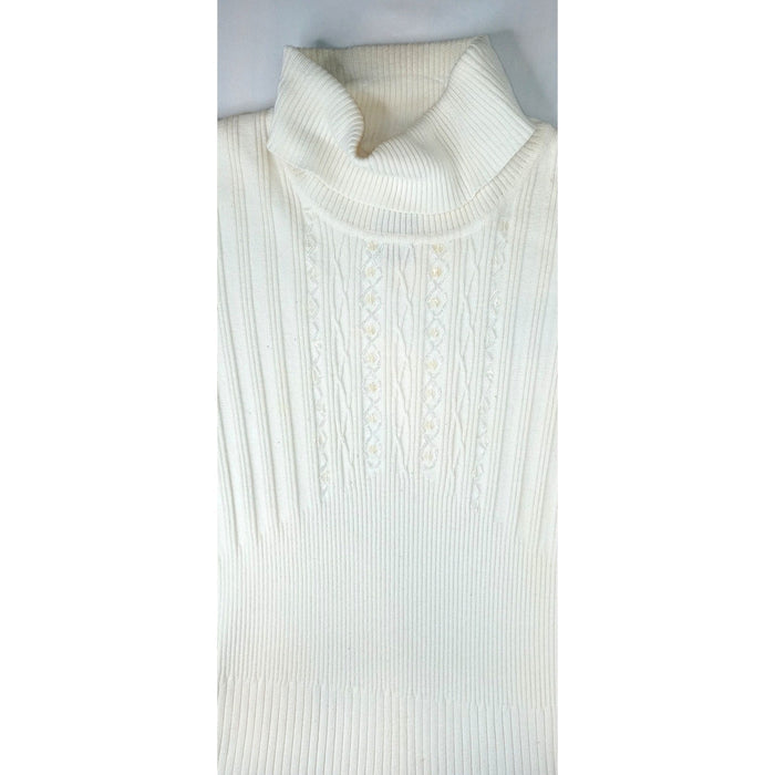 Vintage RQT Cream Ribbed Sleeveless Turtleneck Sweater Top Size L Beaded Accents1