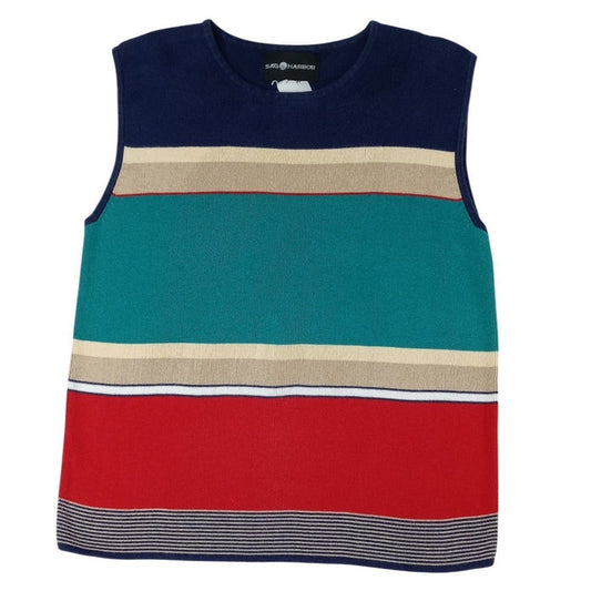 Vintage Sag Harbor Striped Sleeveless Knit Vest Top Navy Red Teal Cream Medium0