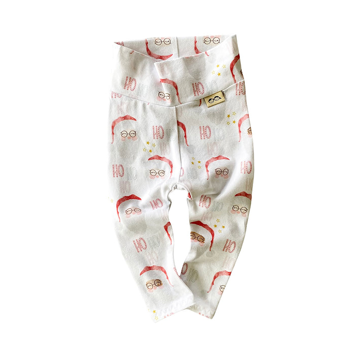 Unisex Vintage Santa leggings with a festive red and white Santa Claus print, handmade for babies and toddlers in sizes preemie to 4T. Perfect for holiday celebrations and seasonal outfits.