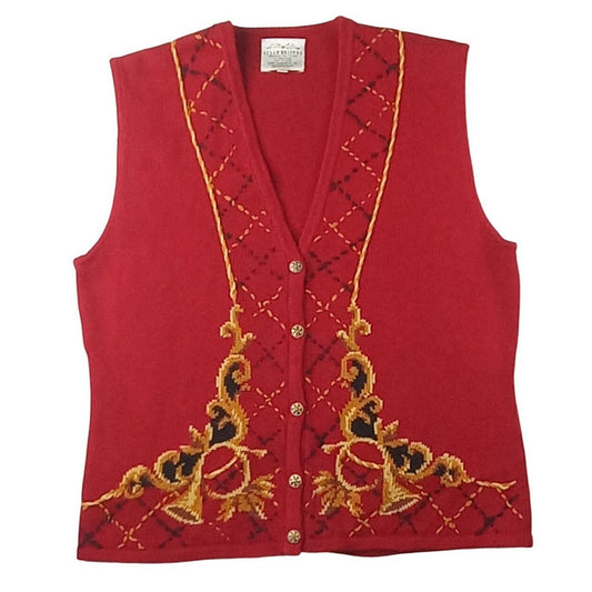 Vintage Susan Bristol Red Embroidered V Neck Button Sleeveless Vest Femme L0