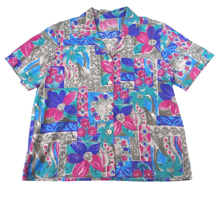 Vintage Vibrant Womens Abstract Floral Print Short Sleeve Button Up Shirt0