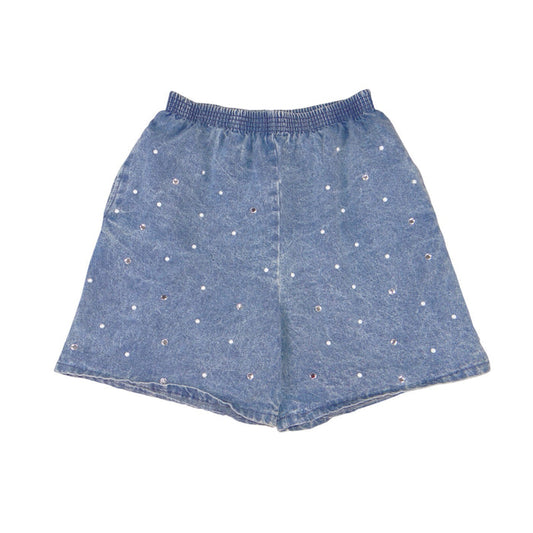 Vintage Yepetto Acid Wash Denim Shorts Blue Pearl Rhinestone High Waist Small0