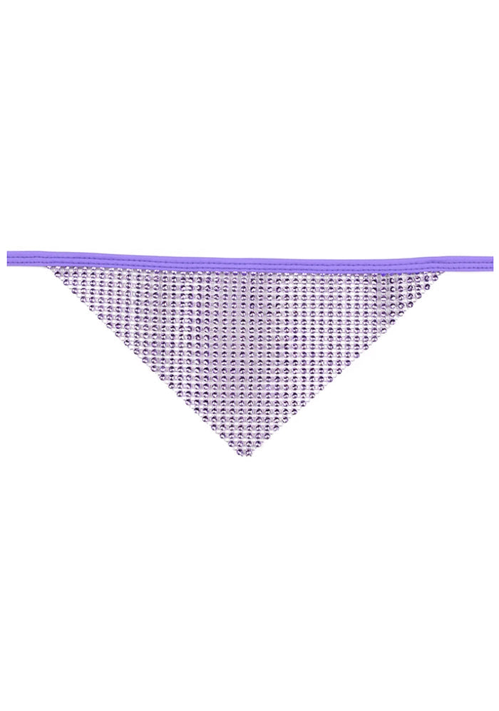 BGlittz Violet Crystal Face Mask in violet with triangular crystal fabric and chained backing on handmade rave crystal mask — front view