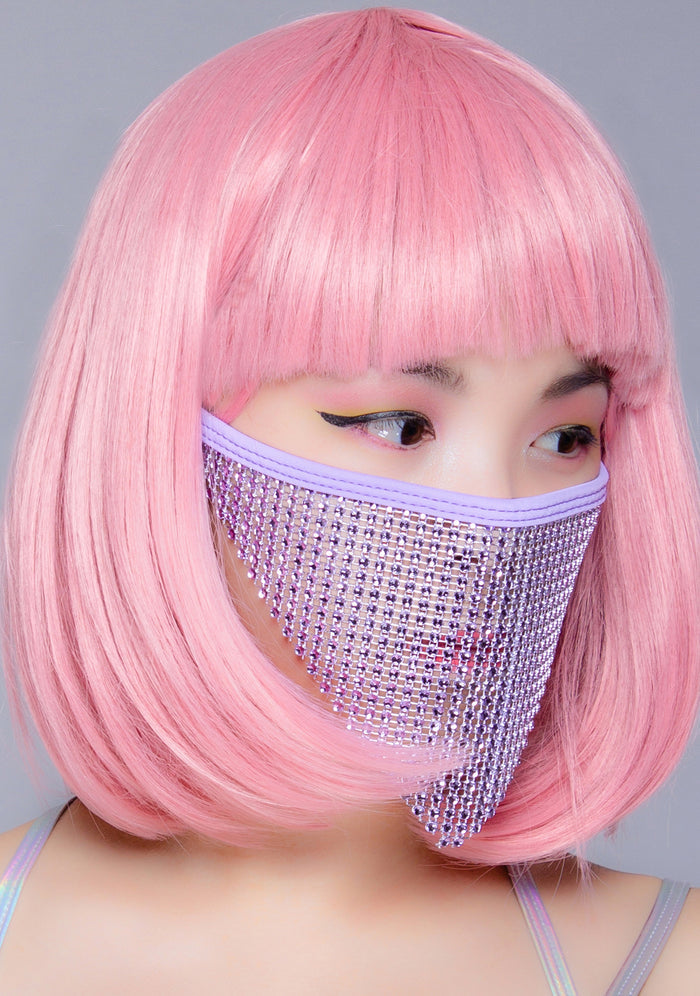 BGlittz Violet Crystal Face Mask in violet with triangular crystal fabric and chained backing on handmade rave crystal mask — model view