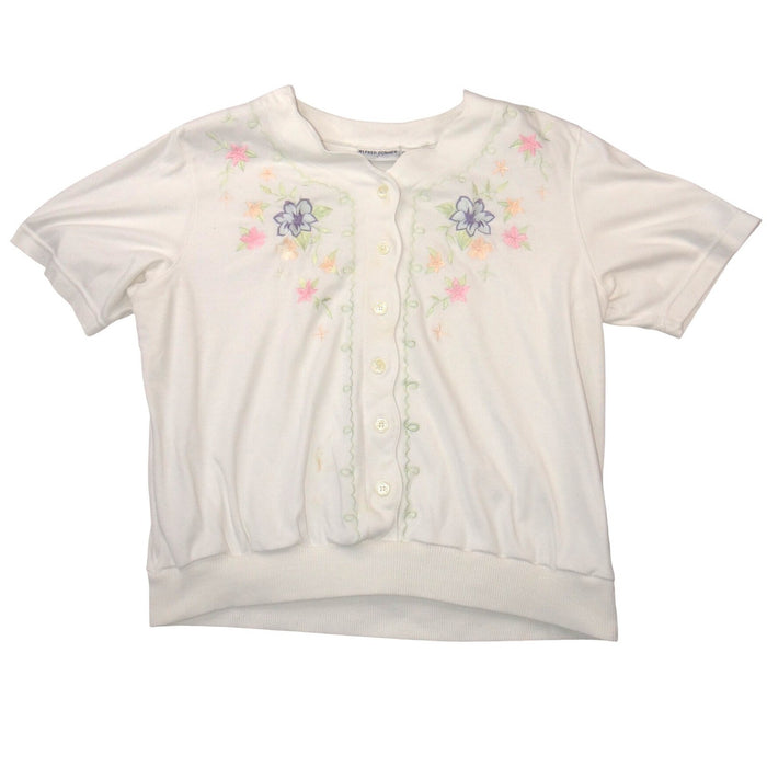 VTG Alfred Dunner Women White Floral Embroidered Button Front Short Sleeve Top L0