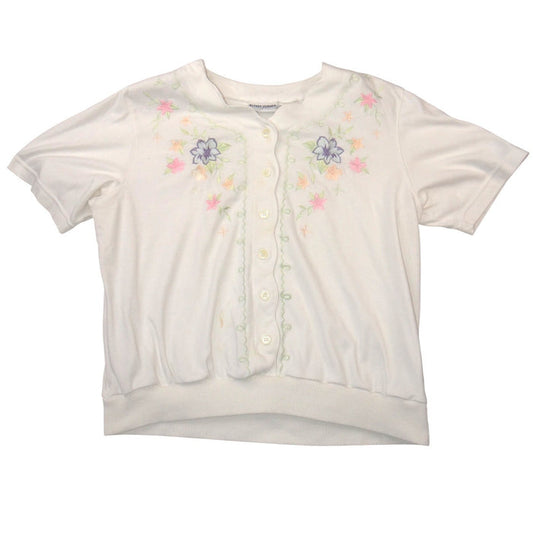 VTG Alfred Dunner Women White Floral Embroidered Button Front Short Sleeve Top L0