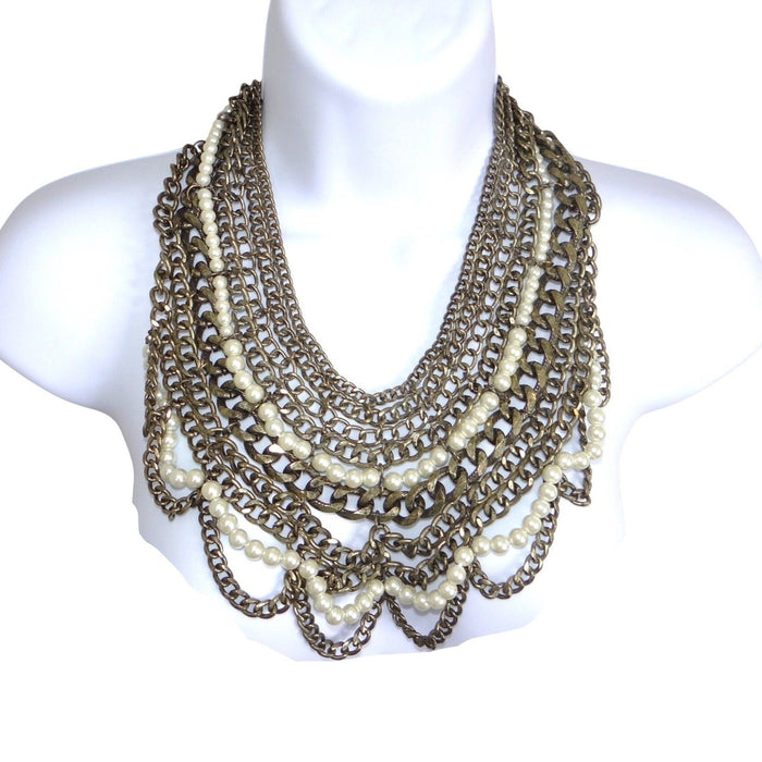 VTG BaubleBar Multi Strand Bib Necklace Faux Pearl Antique Brass Tone Statement0