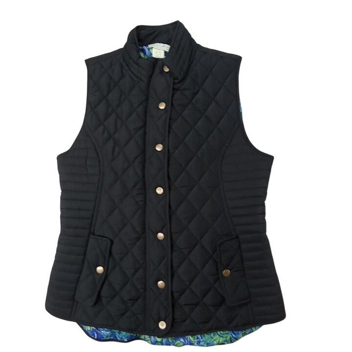 VTG Caribbean Joe Quilted Vest Black Blue Floral Lining Stand Collar Pockets M0