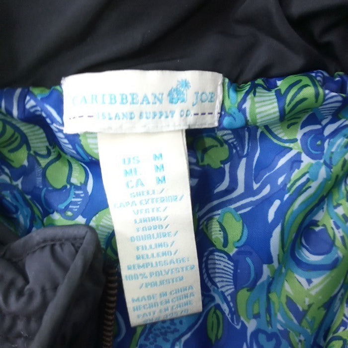 VTG Caribbean Joe Quilted Vest Black Blue Floral Lining Stand Collar Pockets M1