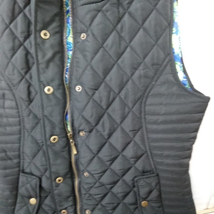 VTG Caribbean Joe Quilted Vest Black Blue Floral Lining Stand Collar Pockets M3
