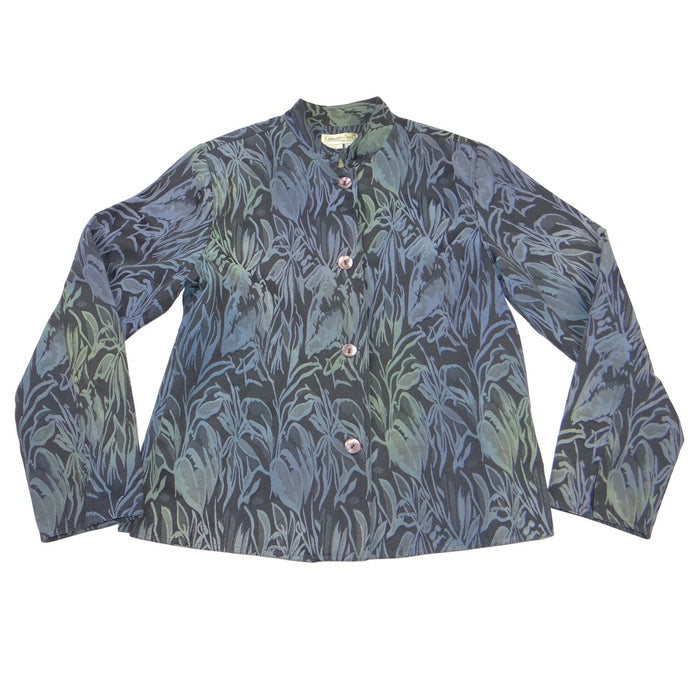VTG Coldwater Creek Womens Blue Botanical Jacquard Mandarin Collar Jacket Size M0