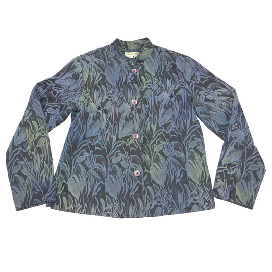 VTG Coldwater Creek Womens Blue Botanical Jacquard Mandarin Collar Jacket Size M0