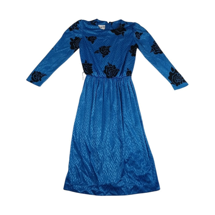 VTG Dress Union Made Blue Black Rose Print Midi Long Sleeve Elastic Waist J Gee0