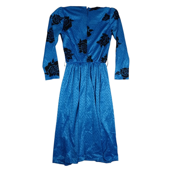 VTG Dress Union Made Blue Black Rose Print Midi Long Sleeve Elastic Waist J Gee1