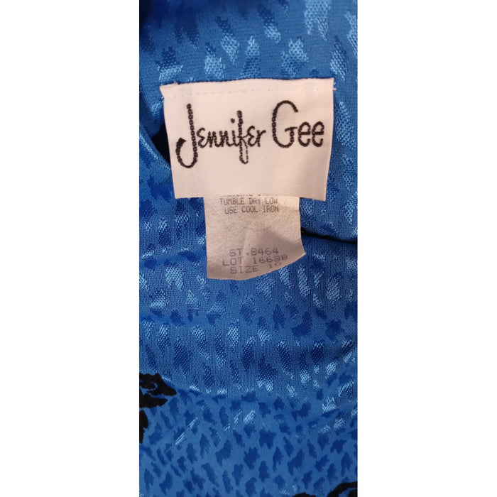 VTG Dress Union Made Blue Black Rose Print Midi Long Sleeve Elastic Waist J Gee2