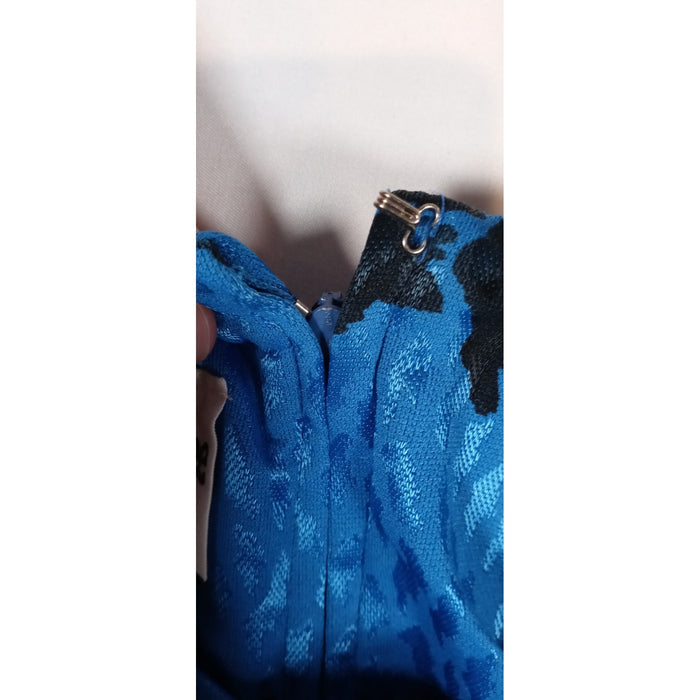 VTG Dress Union Made Blue Black Rose Print Midi Long Sleeve Elastic Waist J Gee5