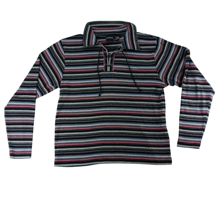 VTG Erika Striped Lace Up Collar Long Sleeve Womens Sz L Pink Black Gray Blue0