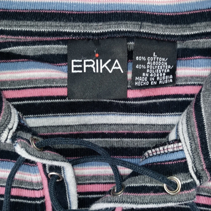 VTG Erika Striped Lace Up Collar Long Sleeve Womens Sz L Pink Black Gray Blue1