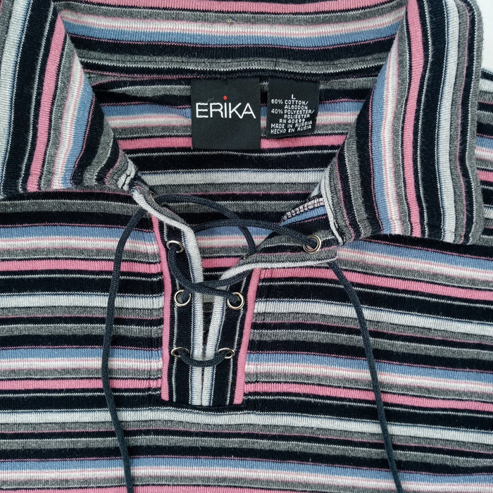 VTG Erika Striped Lace Up Collar Long Sleeve Womens Sz L Pink Black Gray Blue2