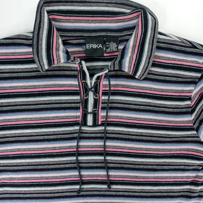VTG Erika Striped Lace Up Collar Long Sleeve Womens Sz L Pink Black Gray Blue3