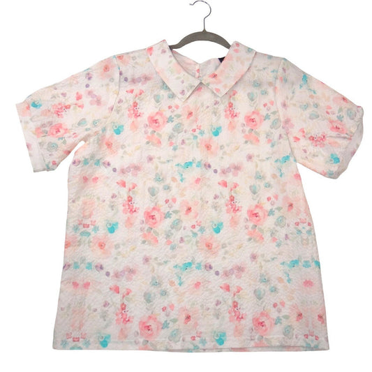 VTG Floral Peter Pan Collar Blouse Short Sleeve Pastel Watercolor Textured Top L0