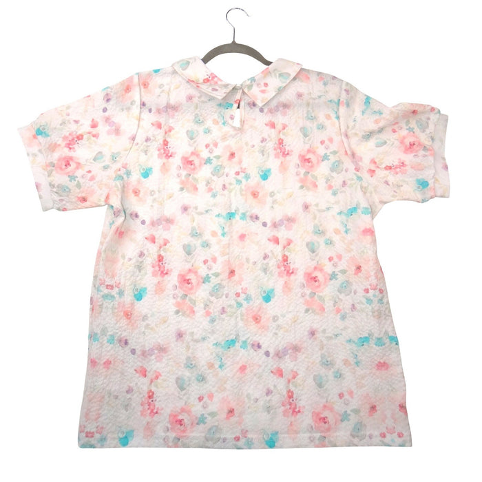 VTG Floral Peter Pan Collar Blouse Short Sleeve Pastel Watercolor Textured Top L2