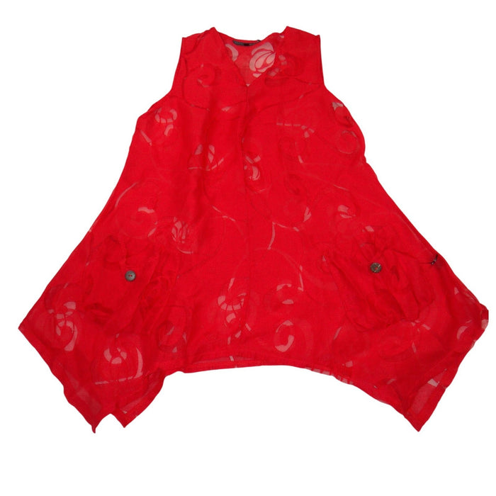 VTG Mirror Image Red Floral Burnout Sleeveless Tunic Sharkbite Hem Top Women M0