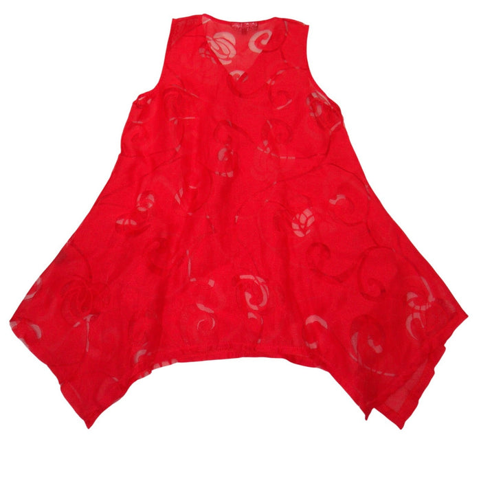 VTG Mirror Image Red Floral Burnout Sleeveless Tunic Sharkbite Hem Top Women M2