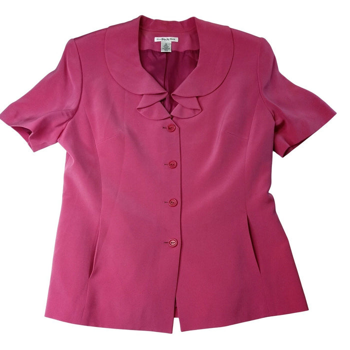 VTG Preston & York Silk Pink Blazer Skirt Suit Womens 12 Short Sleeve Tailored0