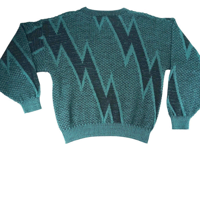 VTG Saturdays Teal Black Geometric Pattern Knit Sweater Pullover Size M0