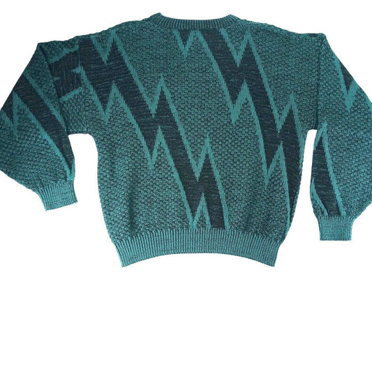 VTG Saturdays Teal Black Geometric Pattern Knit Sweater Pullover Size M0