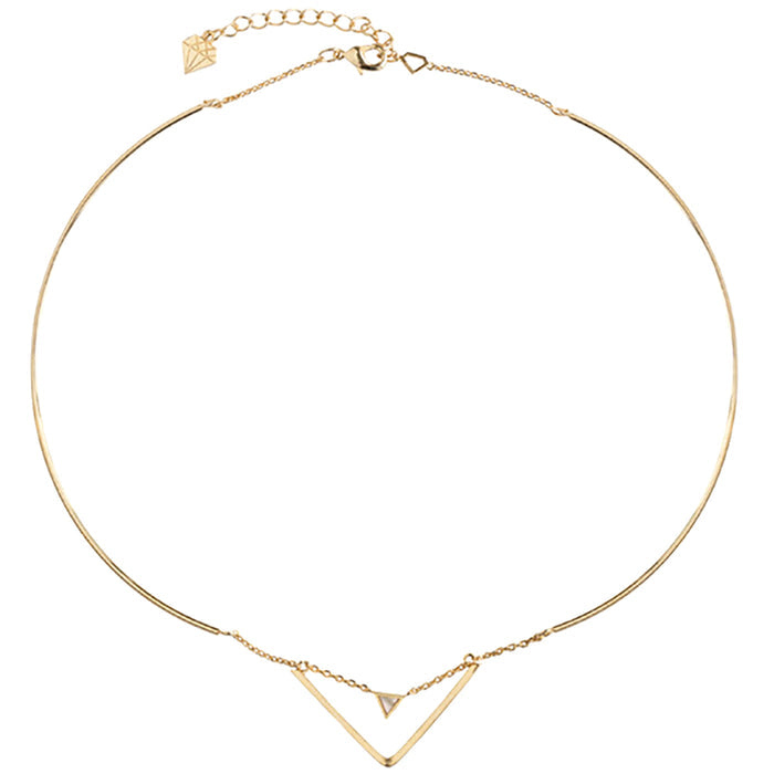 Wanderlust + Co Astrid Choker in gold with suspended triangular pendant and rose quartz gemstone on 14k gold plated festival choker — front view