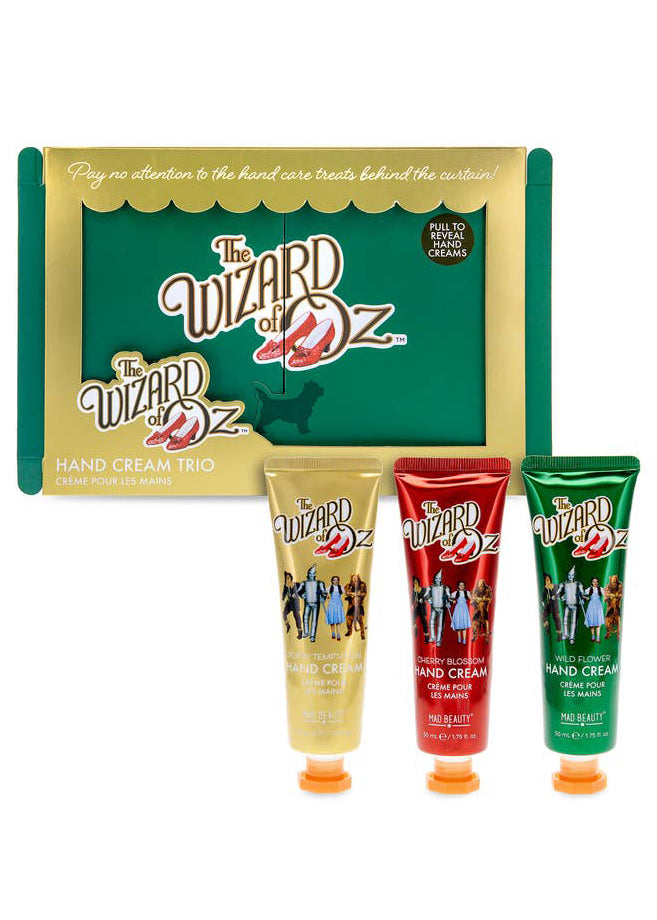 Mad Beauty Warner Brothers Wizard of Oz Hand Cream Trio Set in multicolor with floral poppy lavender cherry blossom scents on rave beauty boxed set — packaging view