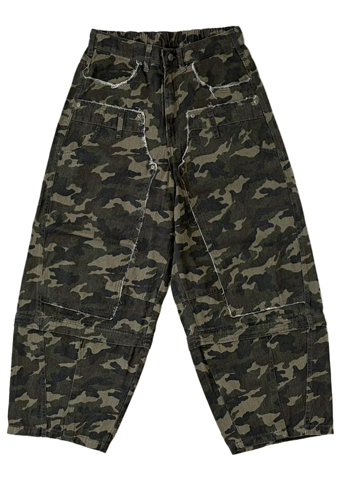 Suggestion Wasteland Camo Patchwork Baggy Pants in camo print with raw-edge patchwork panel on baggy pants — flat lay front