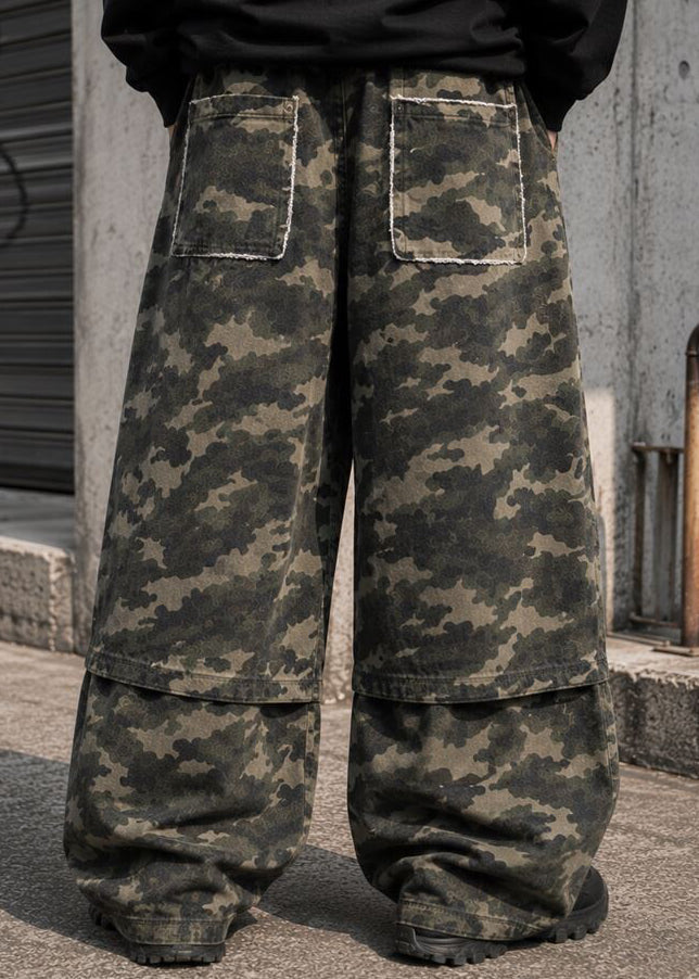 Suggestion Wasteland Camo Patchwork Baggy Pants in camo print with raw-edge patchwork panel on baggy pants — back on model