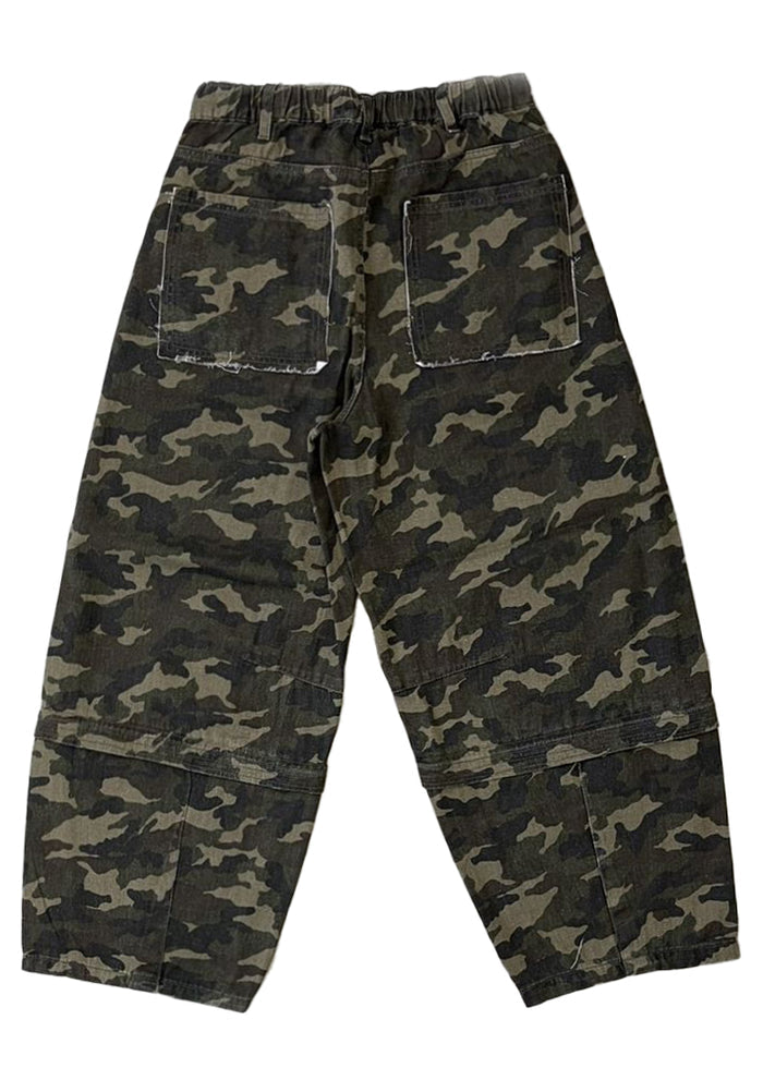Suggestion Wasteland Camo Patchwork Baggy Pants in camo print with raw-edge patchwork panel on baggy pants — flat lay back