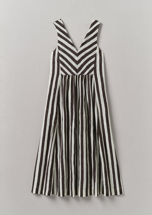 Wave Stripe Block Print Cotton Dress | Ecru/Chocolate