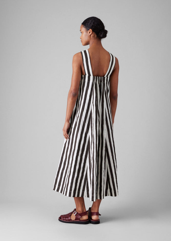 Wave Stripe Block Print Cotton Dress | Ecru/Chocolate