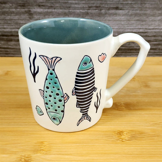 Whimsical Fish Coffee Mug Sea Creatures Ceramic Embossed 18oz Tea Cup Blue Sky