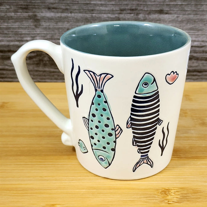 Whimsical Fish Coffee Mug Sea Creatures Ceramic Embossed 18oz Tea Cup Blue Sky