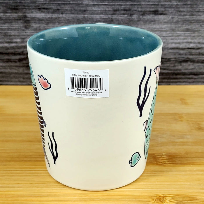 Whimsical Fish Coffee Mug Sea Creatures Ceramic Embossed 18oz Tea Cup Blue Sky