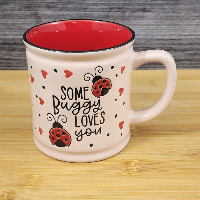 Whimsical Love Mug Ladybug Hearts Embossed Red Ceramic Tea Coffee Cup Blue Sky