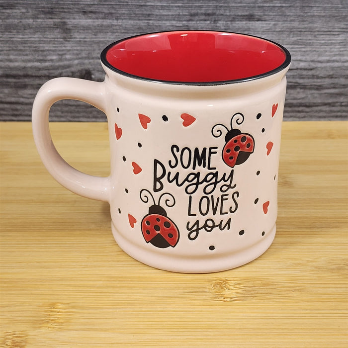 Whimsical Love Mug Ladybug Hearts Embossed Red Ceramic Tea Coffee Cup Blue Sky